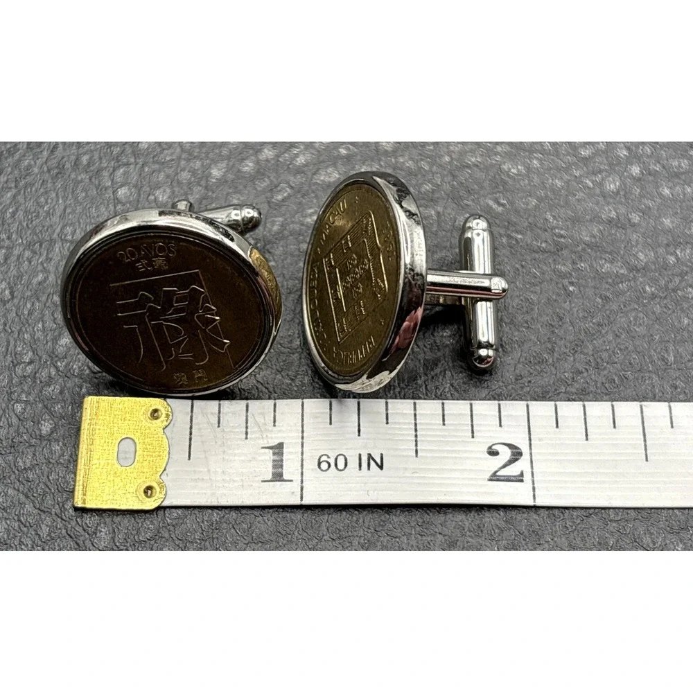 VTG Portuguese Macau 20 Anos 1982 Asian Coin Cufflinks Brass Tone Silver Tone